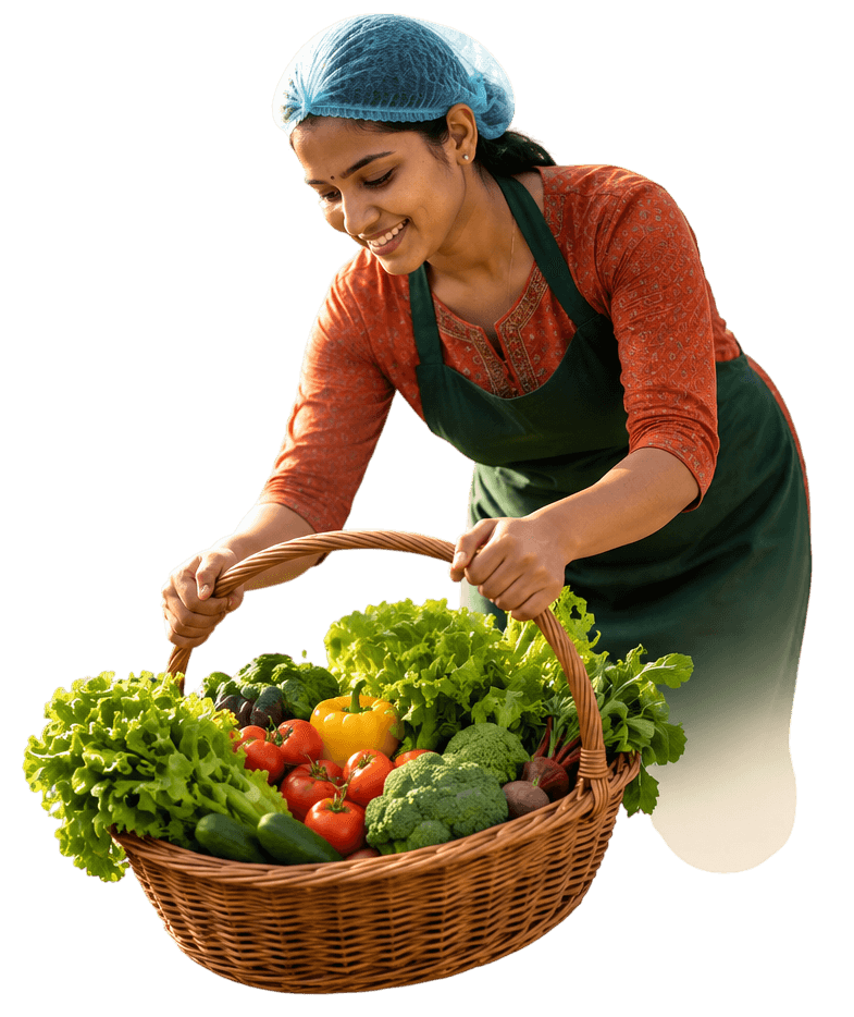 Agrowculture farm worker lifting a basket of freshly harvested vegetables